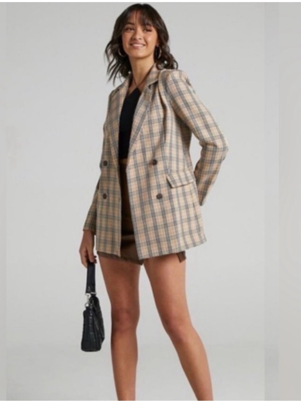 Showpo. Beige Plaid Double-Breasted Blazer Jacket